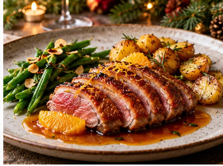 Eendenborst met mandarijnsaus en rozemarijnaardappels op een feestelijk gedekte kersttafel
