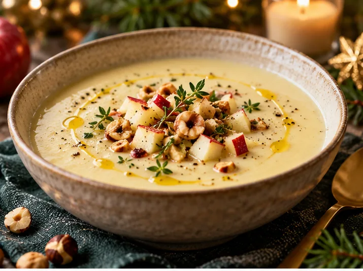 Knolselderijsoep met appel en hazelnoot op een feestelijk gedekte kersttafel