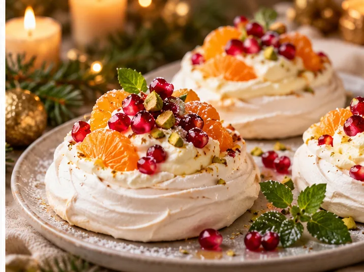 Minipavlova met mandarijn, pistache en granaatappel op een feestelijk gedekte kersttafel