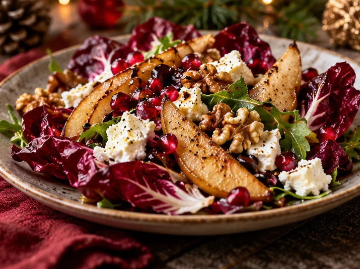 Winterse salade met peer, geitenkaas en granaatappel op een feestelijk gedekte kersttafel