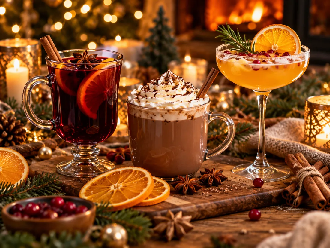 Warme winterdrankjes met kaneel, sinaasappel en chocolade in kerstsfeer