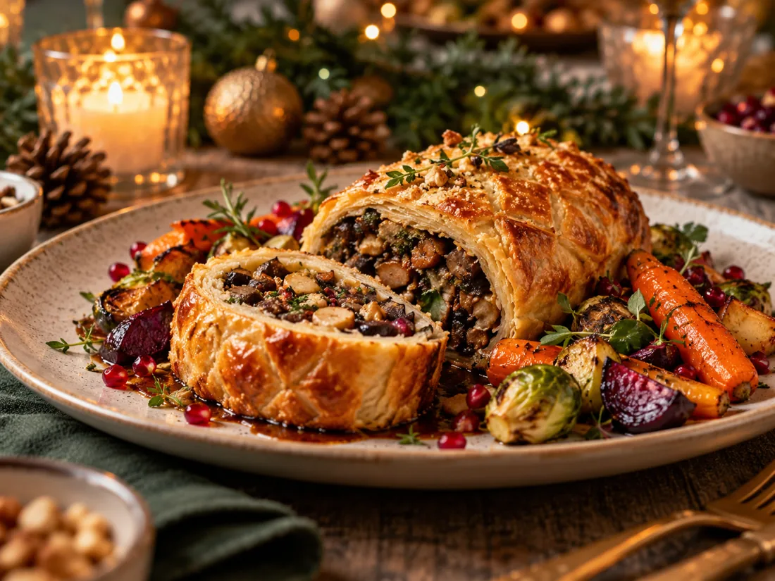 Vegetarische wellington in bladerdeeg met paddenstoelen en wintergroenten