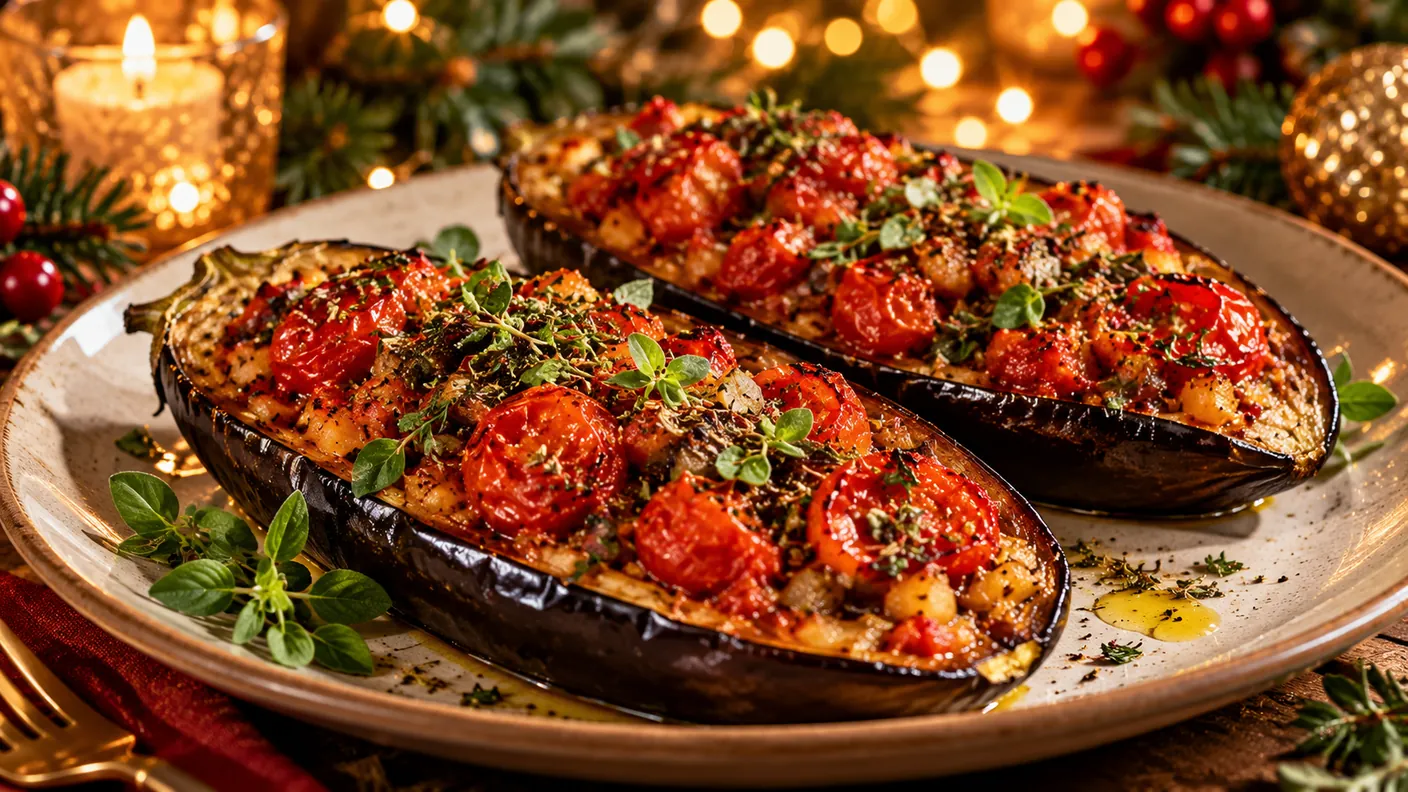 Geroosterde aubergine uit de oven met tomaat en kruiden op een feestelijk gedekte tafel