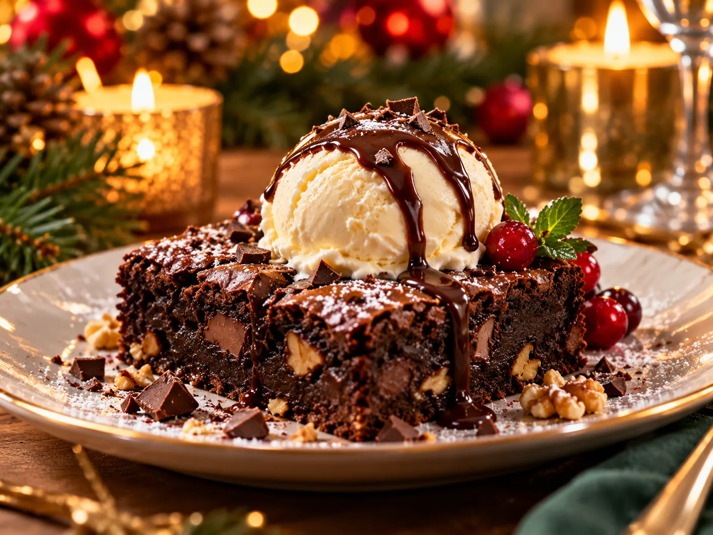 Warme chocoladebrownie met bolletje vanille-ijs en chocoladesaus