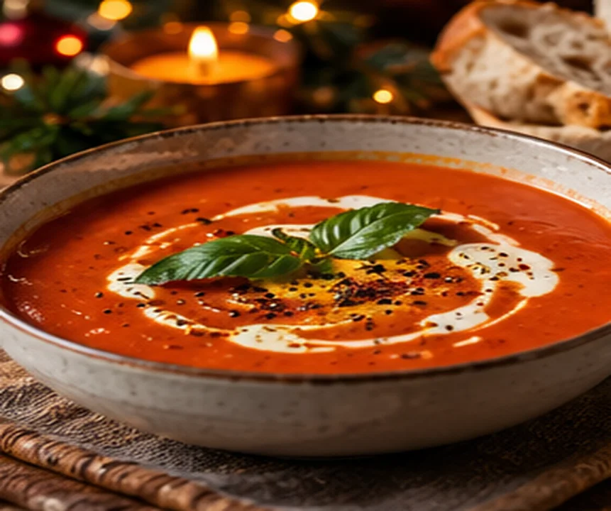Tomatensoep met basilicum op een feestelijke tafel