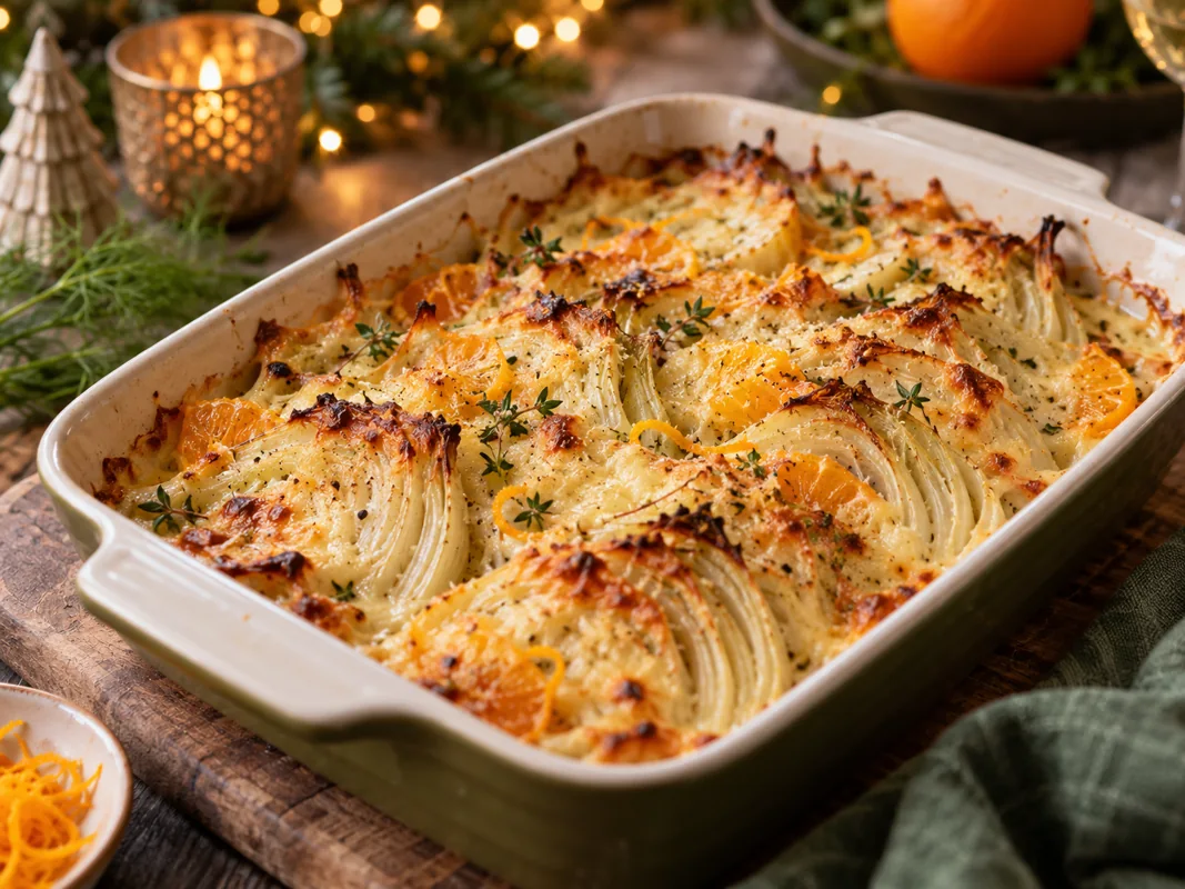 Venkelgratin met sinaasappel, feestelijk geserveerd voor kerst