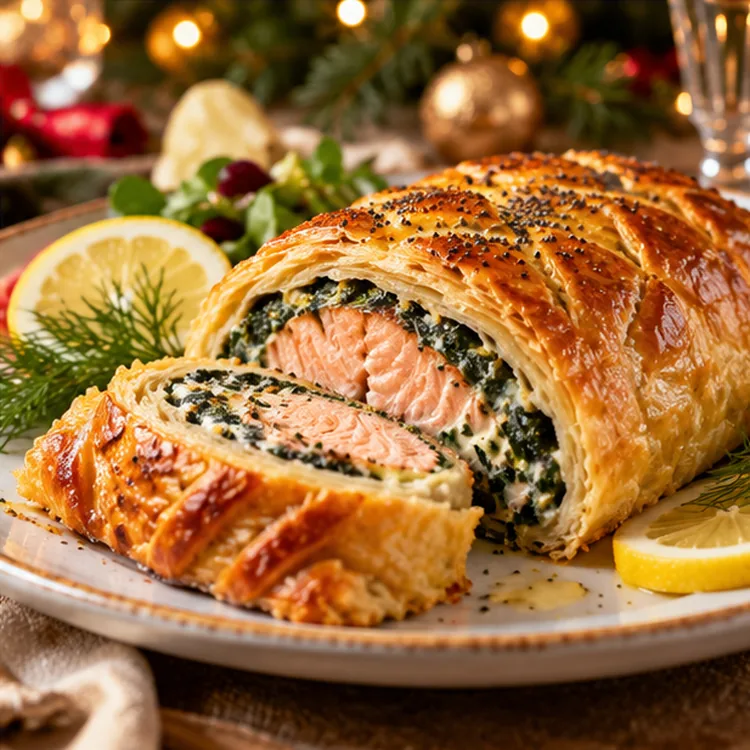 Zalm in bladerdeeg met spinazie feestelijk geserveerd
