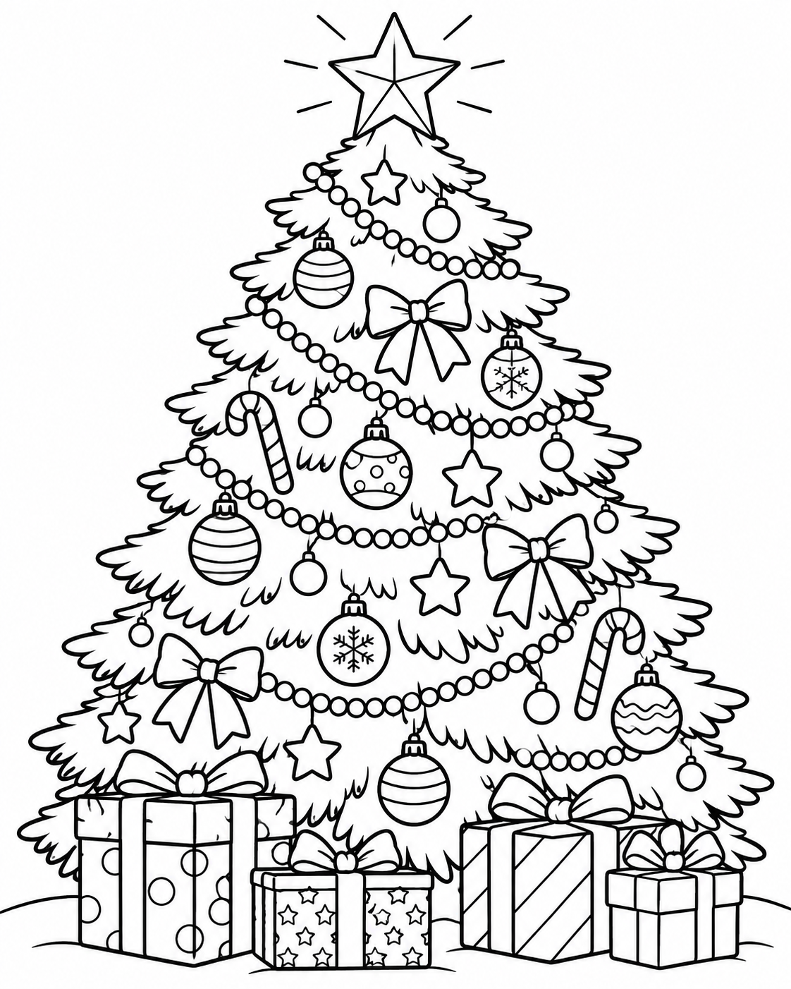 Kerstboom met cadeaus gratis kerstkleurplaat om te printen