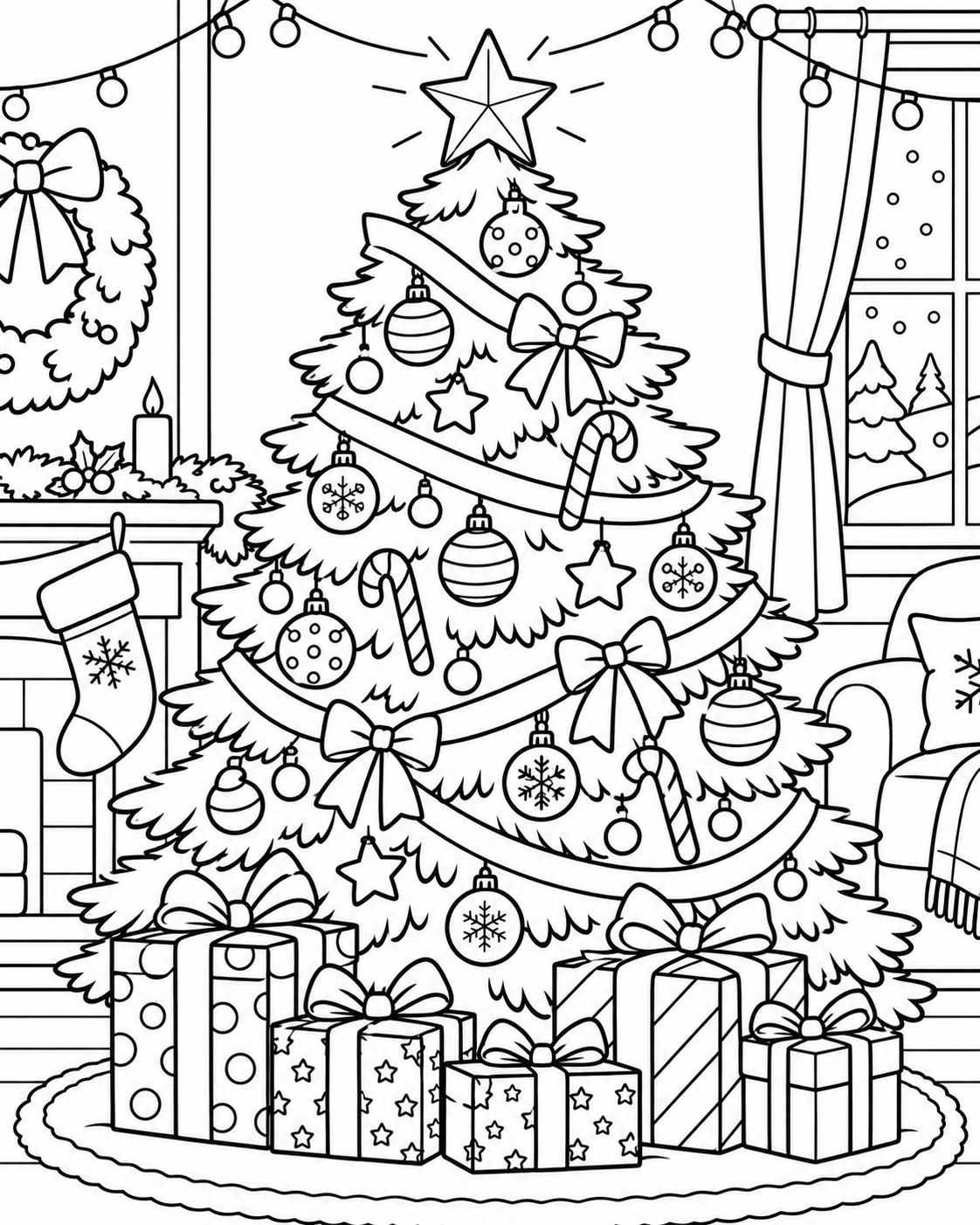 Gezellige kerstboom met cadeautjes gratis kerstkleurplaat om te printen