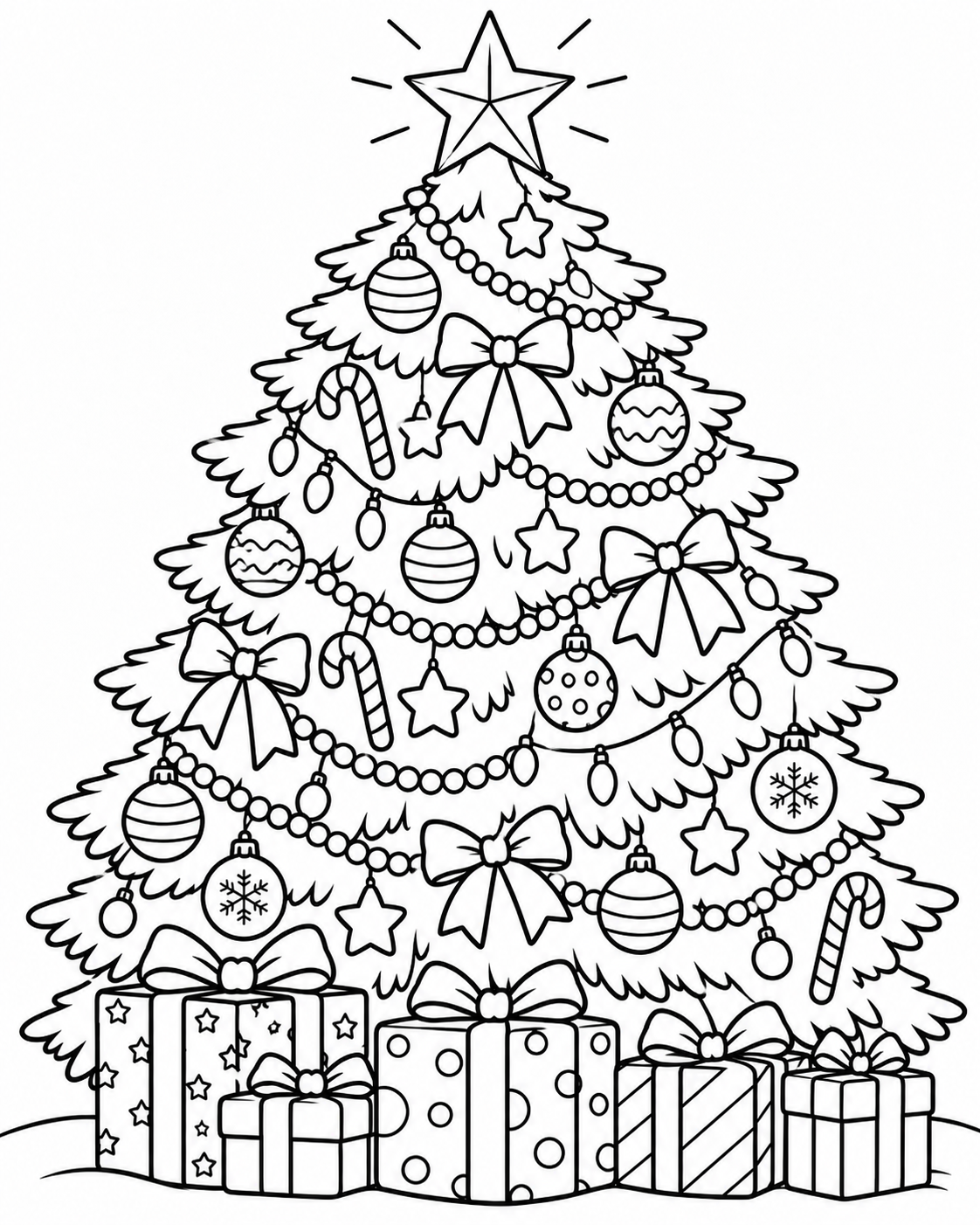 Kerstboom vol versieringen gratis kerstkleurplaat om te printen