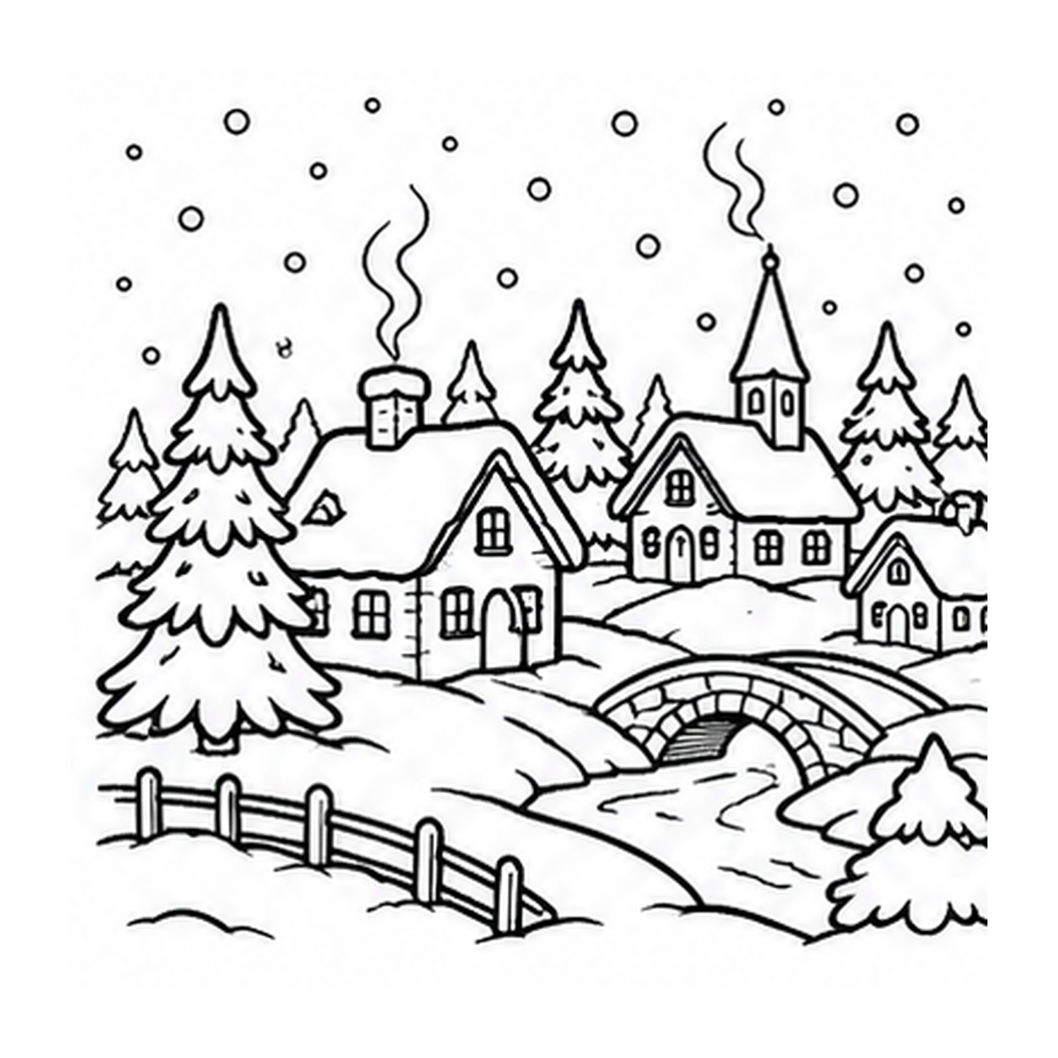 Kleurplaat winters kerstdorp om te printen