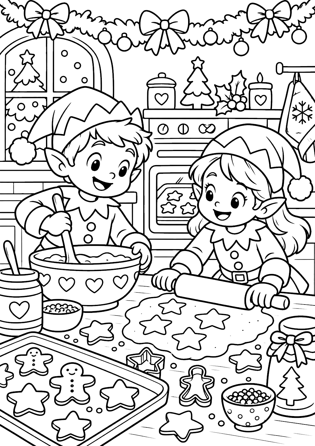 Gratis kerstkleurplaat kerstelfjes bakken kerstkoekjes om af te drukken