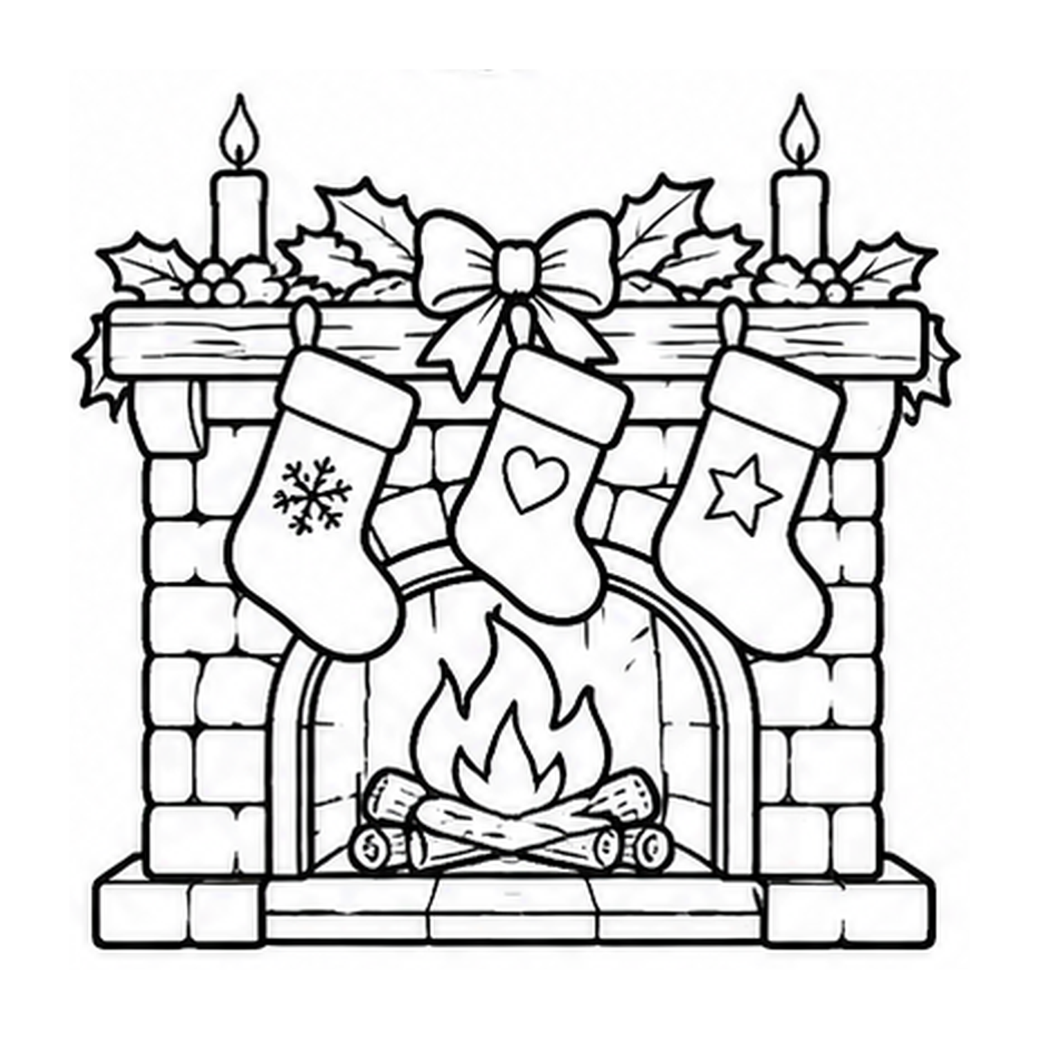 Kleurplaat open haard met kerstsokken om te printen