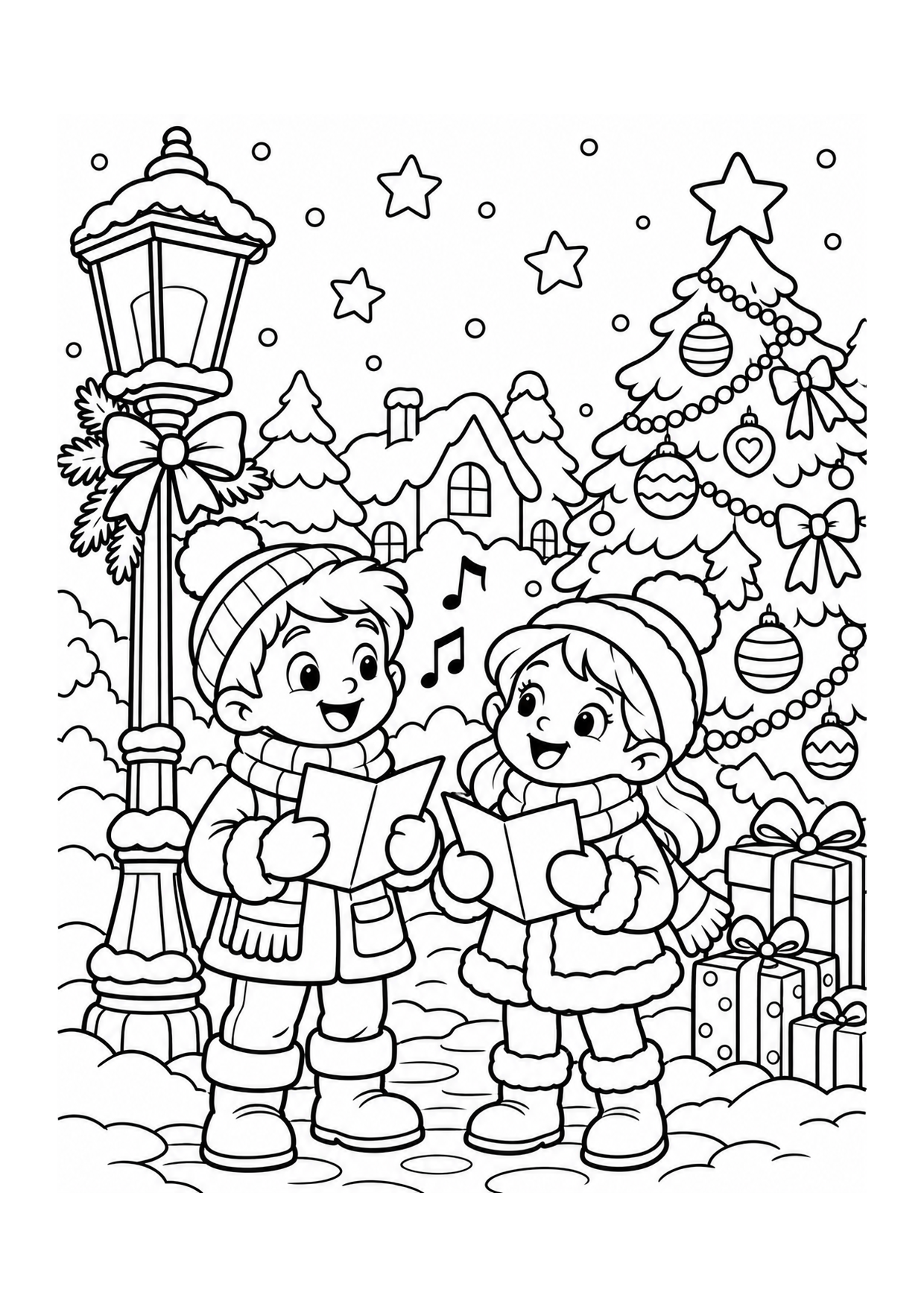 Gratis kerstkleurplaat kerstliederen in het winterdorp om te printen