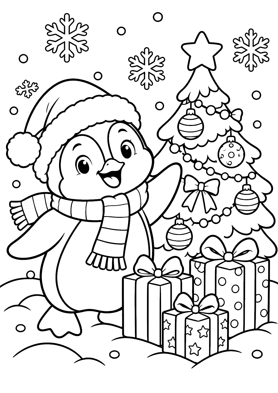 Gratis kerstkleurplaat vrolijke kerstpinguïn om af te drukken