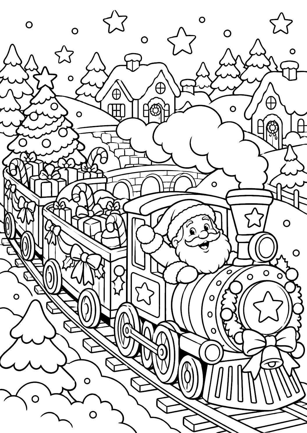 Gratis kerstkleurplaat kersttrein met de kerstman om af te drukken