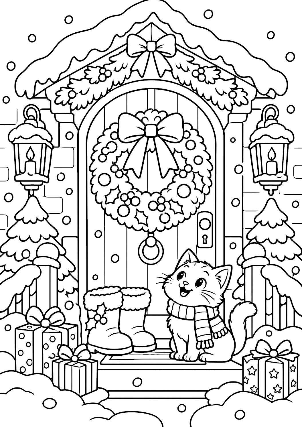 Gratis kerstkleurplaat kerstdeur met kat en cadeaus om af te drukken