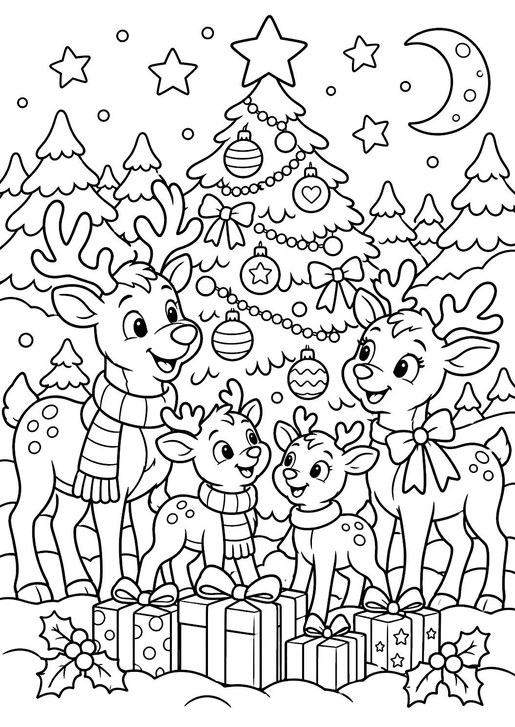 Gratis kerstkleurplaat rendierfamilie in de kerstnacht om af te drukken