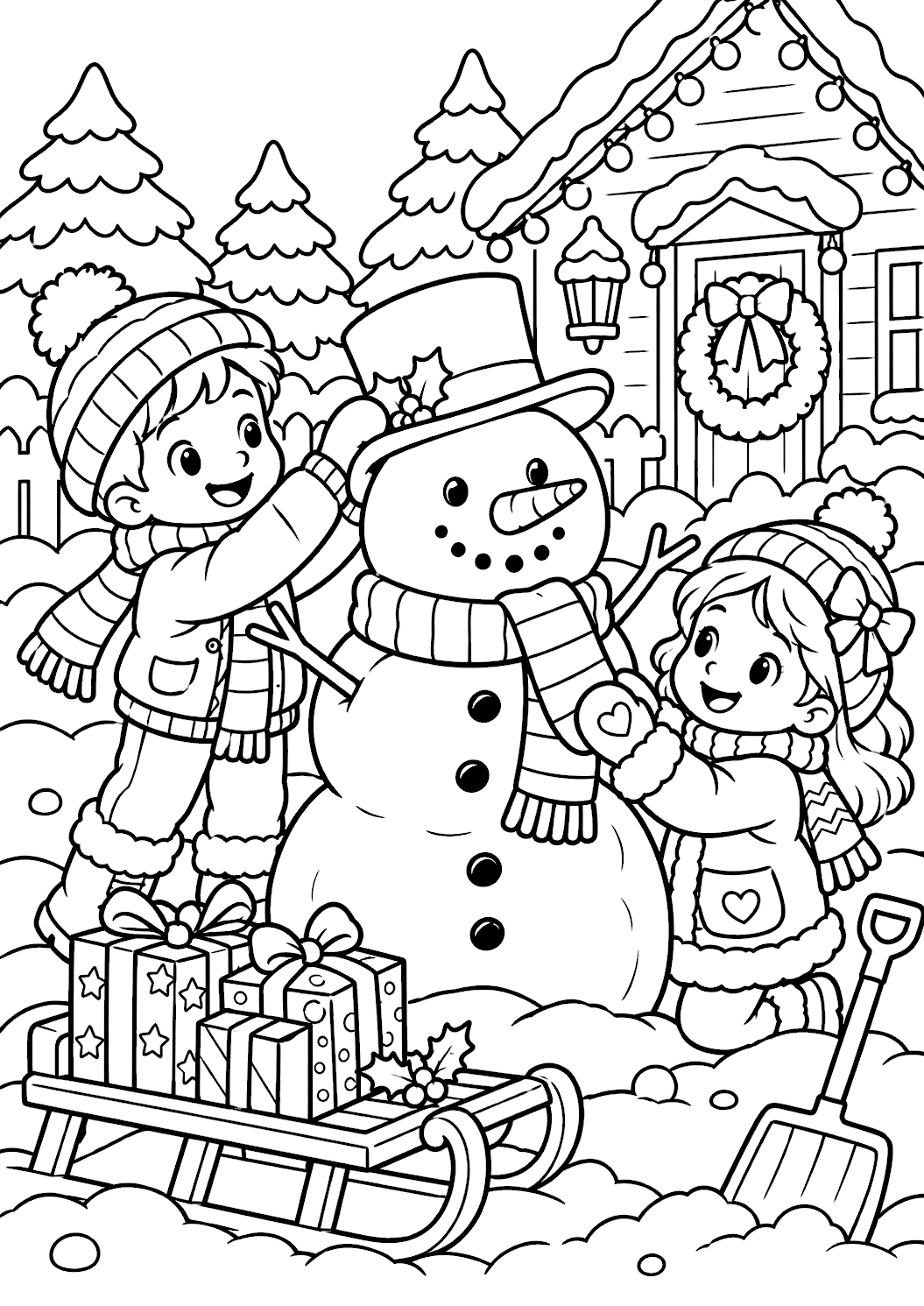 Gratis kerstkleurplaat kinderen maken een sneeuwpop om af te drukken
